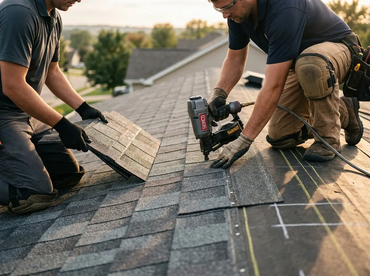 Professional roofer working on a residential roof in Kerrville